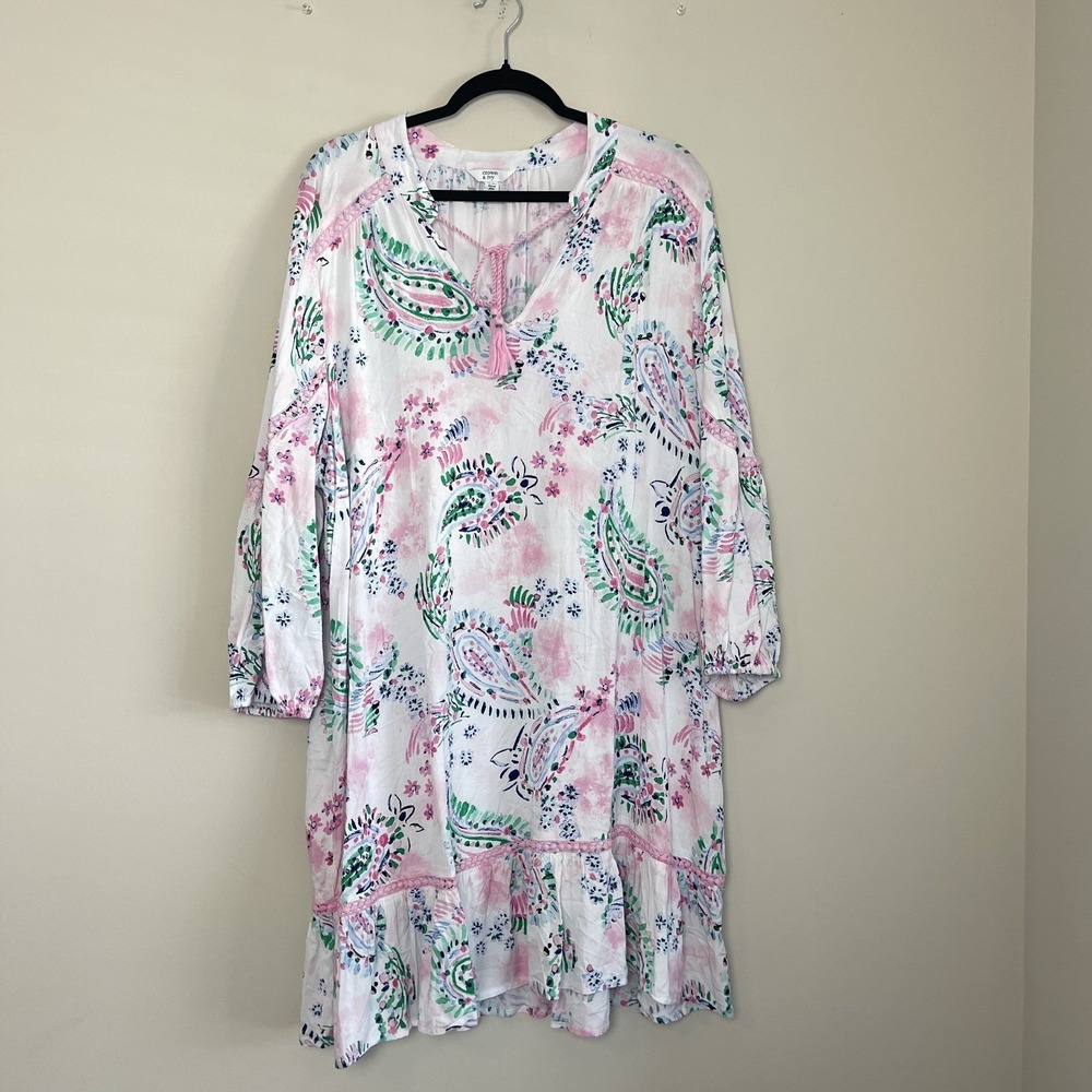 Crown & Ivy Paisley Print Dress Women's Boho Tunic‎ Dress Ruffle Hem Tassel
